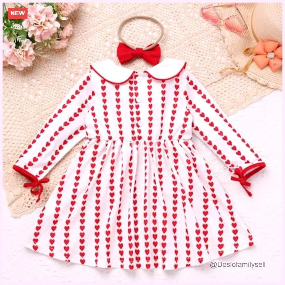 Toddler Girl Long Sleeve Peter Pan Collar Gingham Heart Dress with Bow Headband